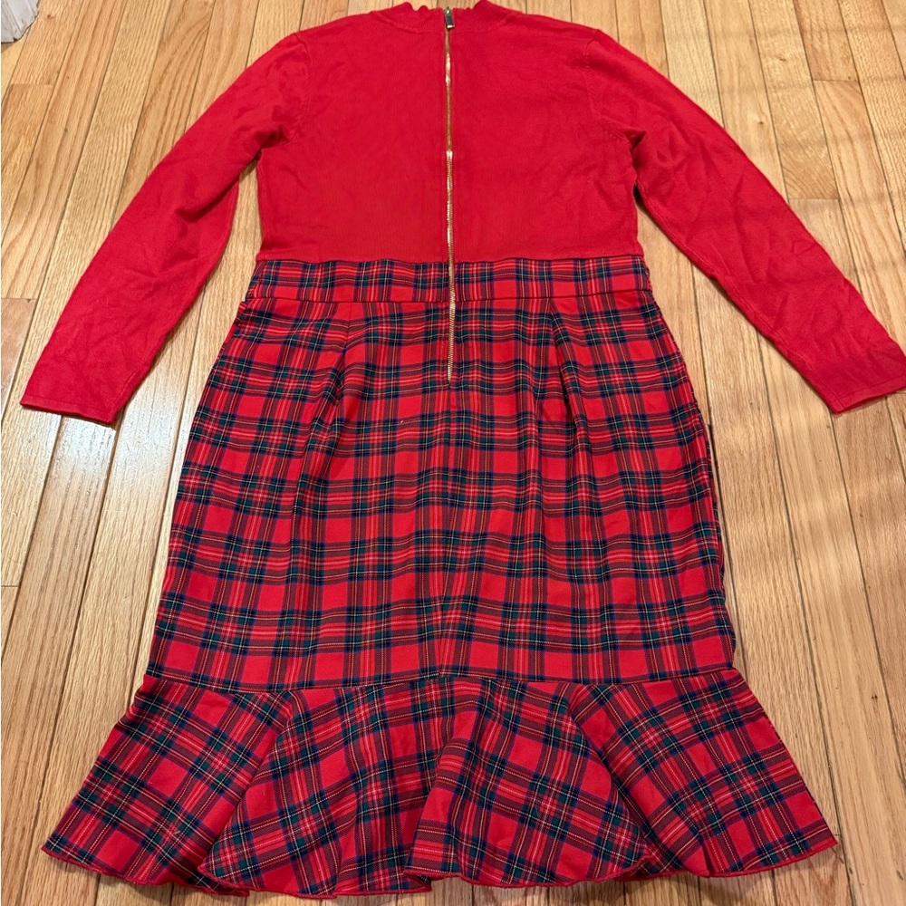 Red Plaid Long Sleeve Scottish Tartan Midi Dress Zip Back Crest Button Size 12 - Picture 6 of 7